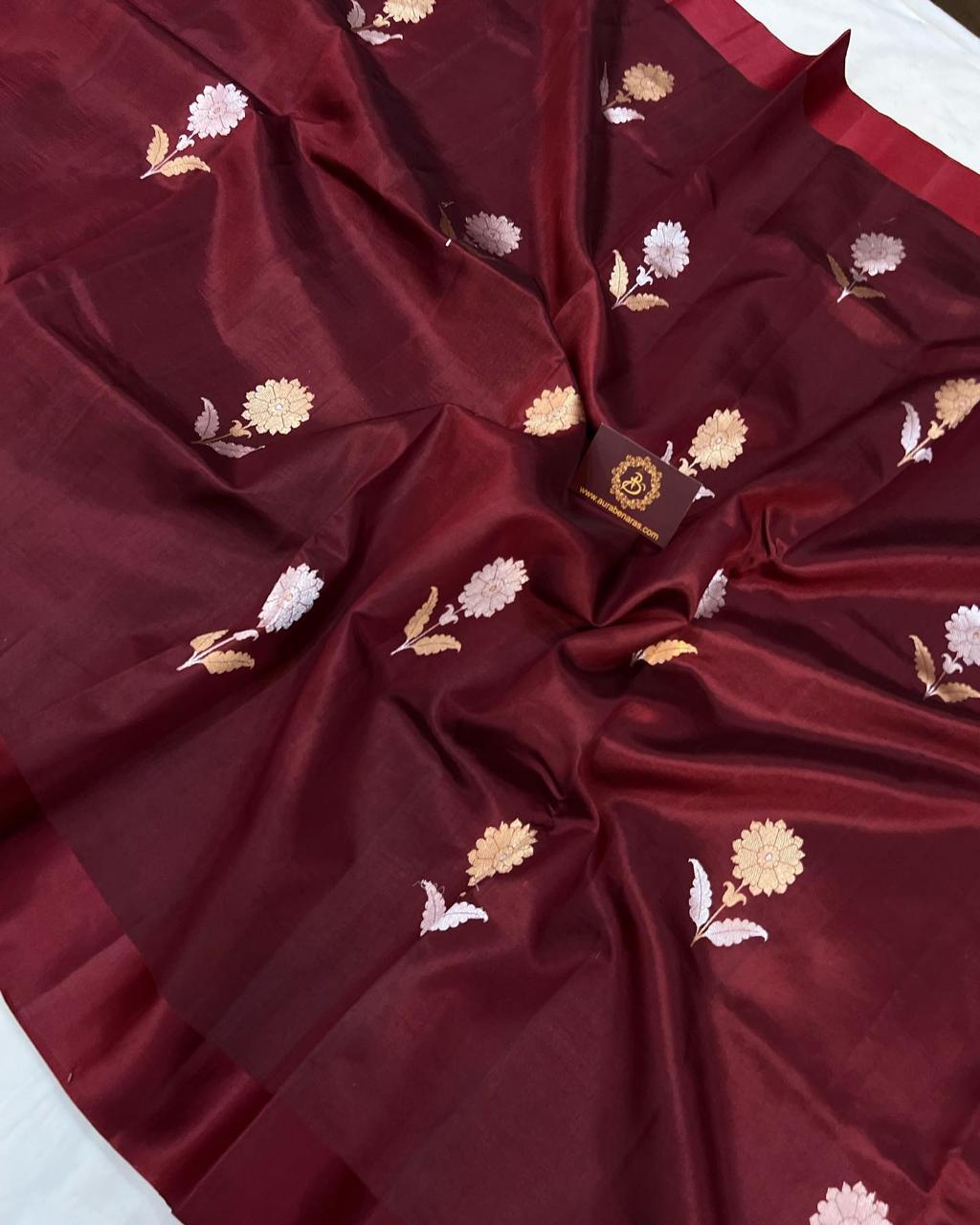 Pre-Draped Maroon Semi Georgette Banarasi Soft Silk saree