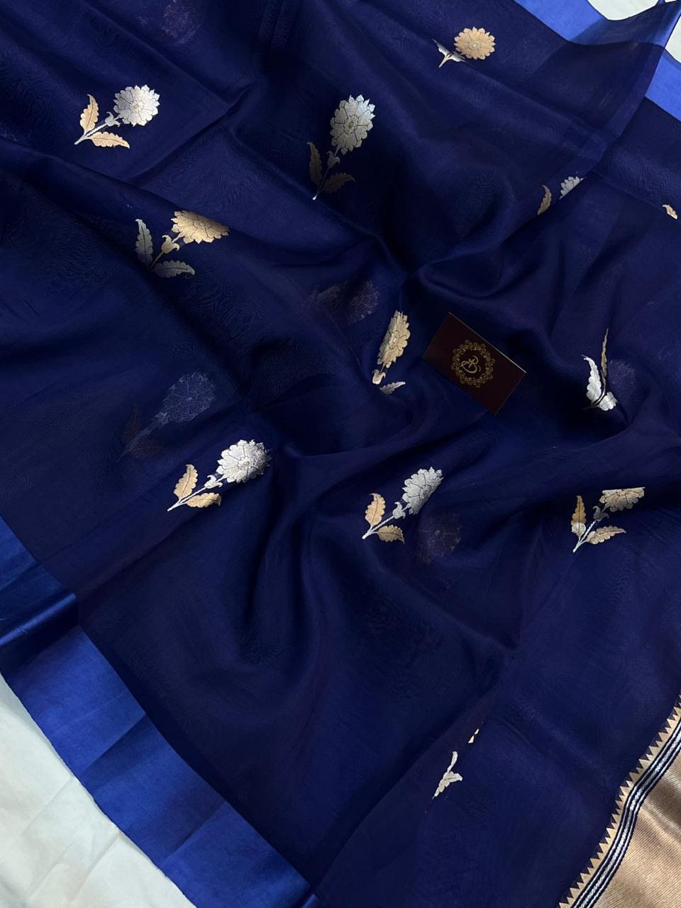 Pre-Draped Blue Semi Georgette Banarasi Soft Silk saree