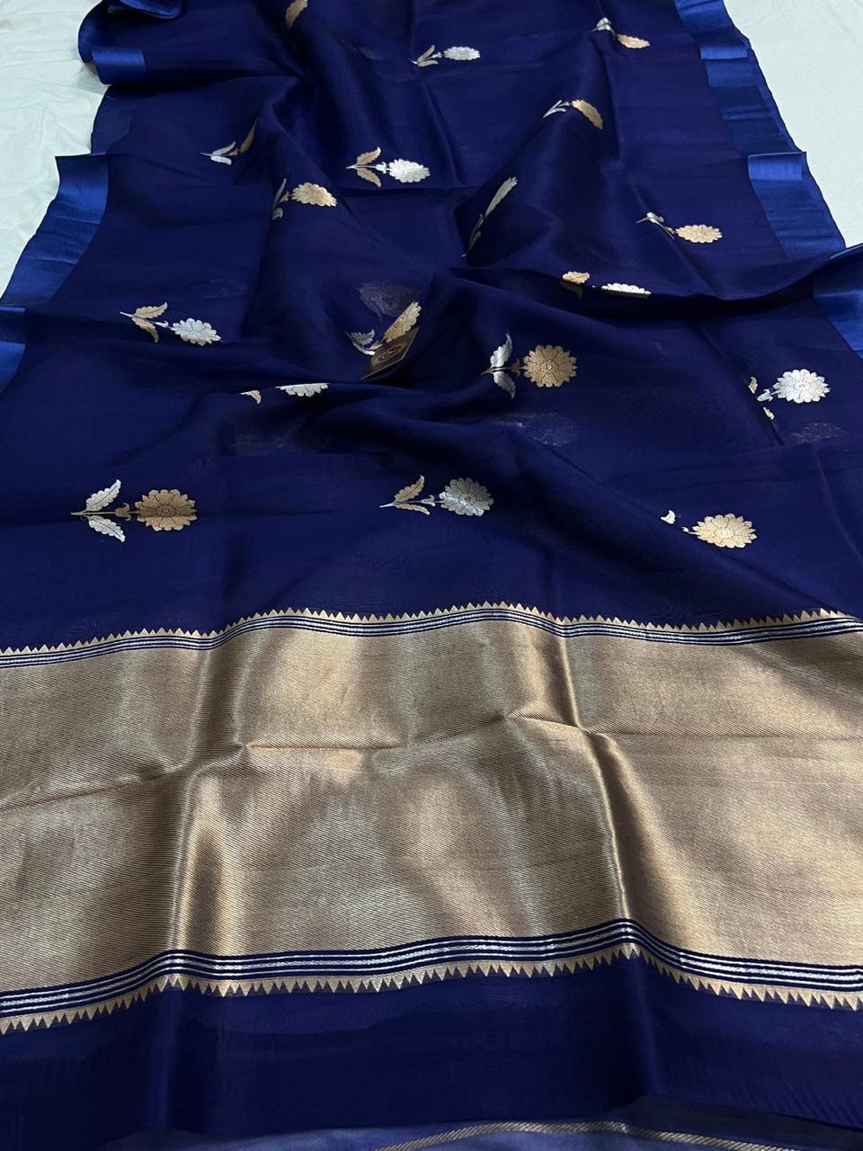 Pre-Draped Blue Semi Georgette Banarasi Soft Silk saree