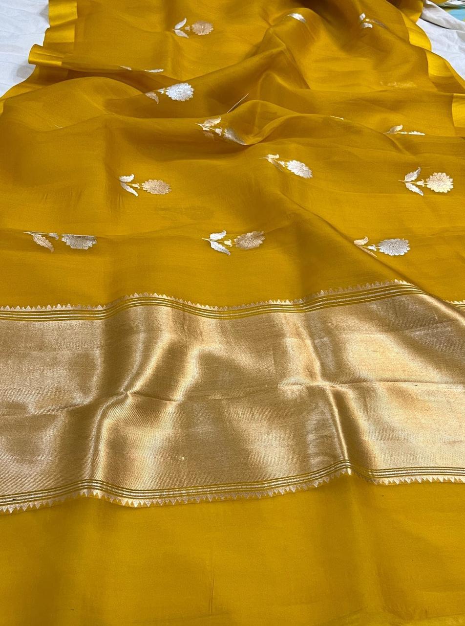 Pre-Draped Yellow Semi Georgette Banarasi Soft Silk saree