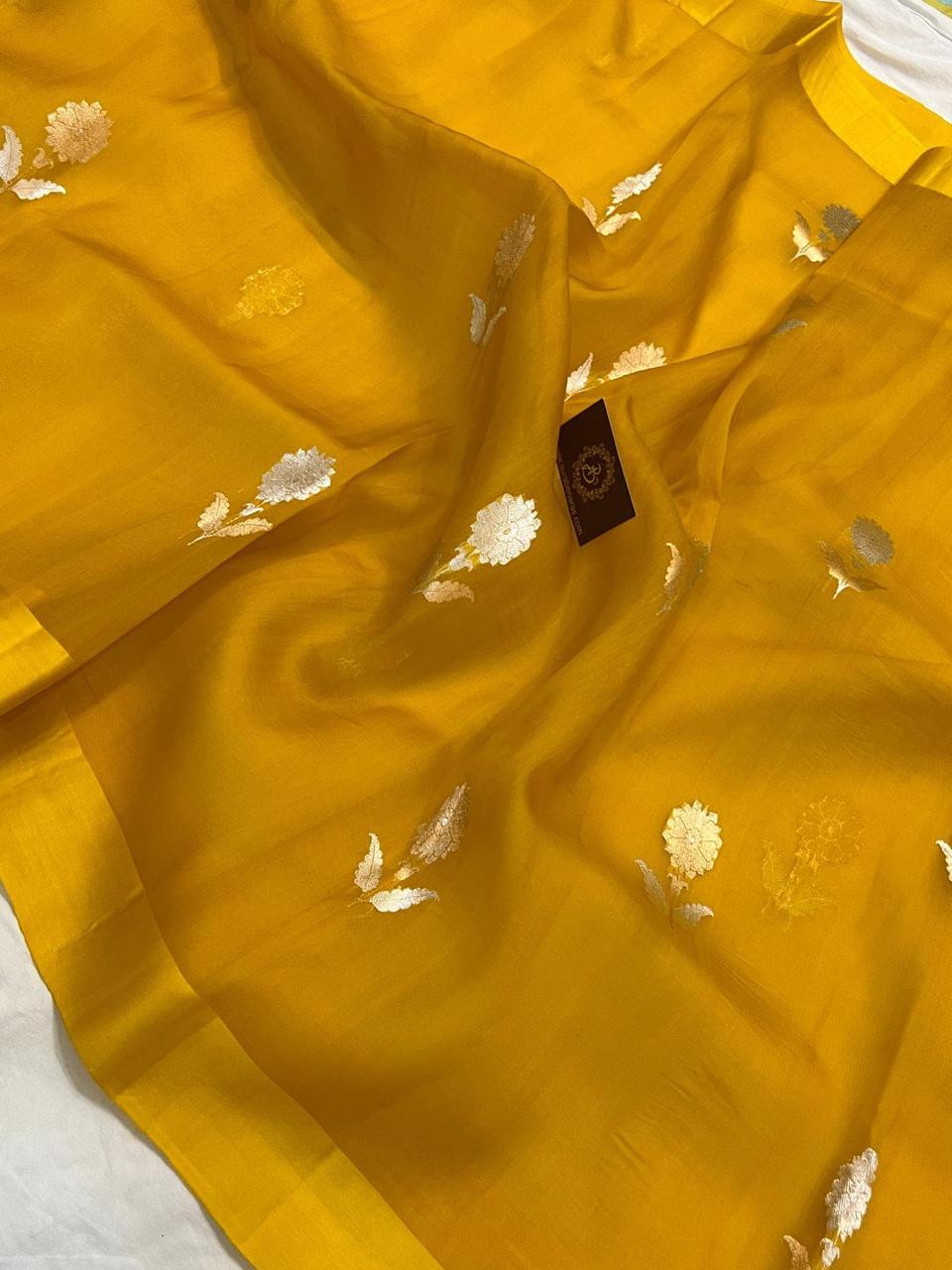 Pre-Draped Yellow Semi Georgette Banarasi Soft Silk saree