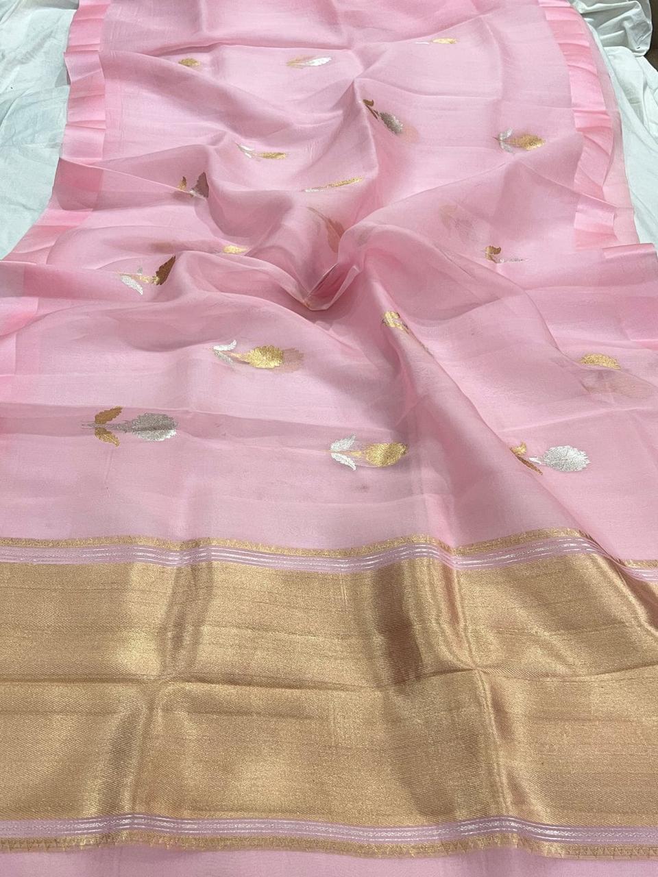 Pre-Draped Light Pink Semi Georgette Banarasi Soft Silk saree