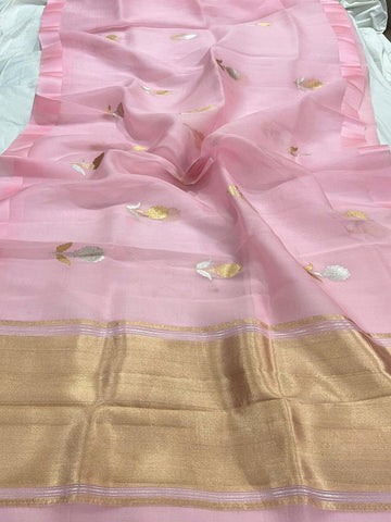 Pre-Draped Light Pink Semi Georgette Banarasi Soft Silk saree