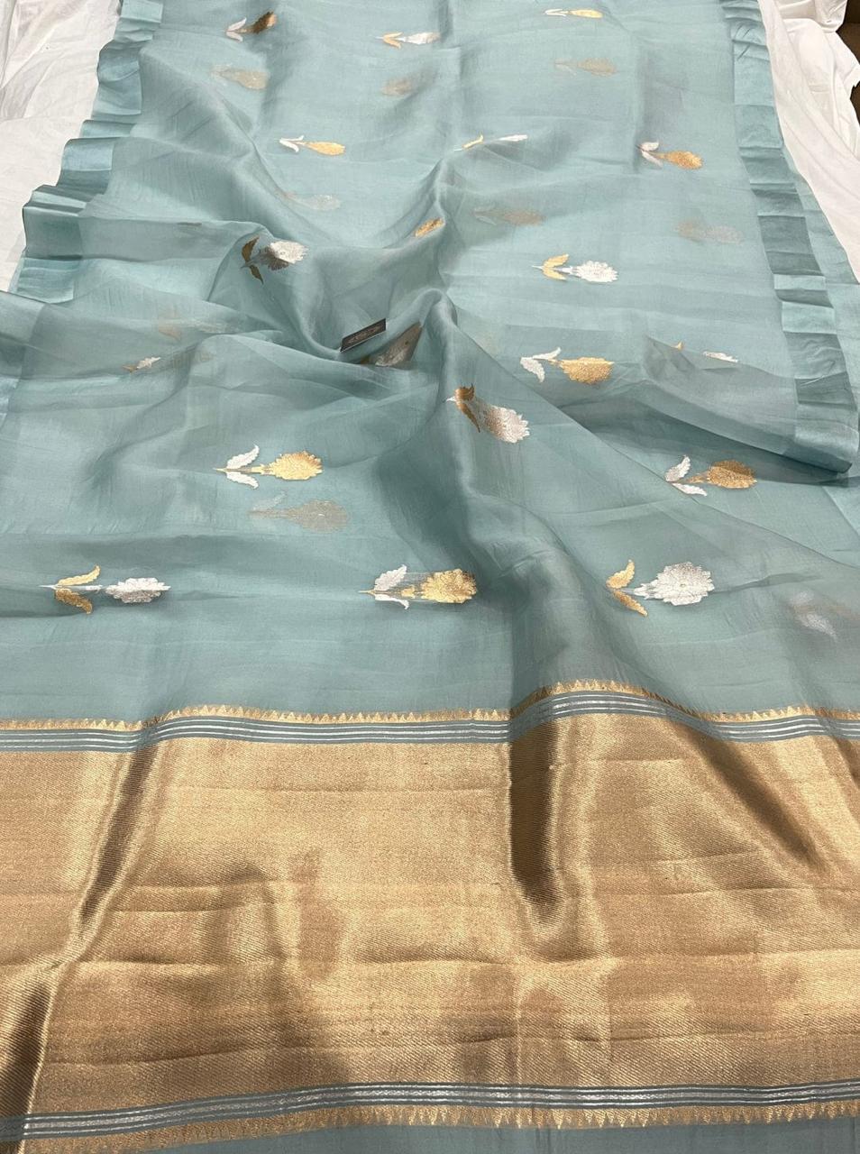 Pre-Draped Turkish Blue Semi Georgette Banarasi Soft Silk saree