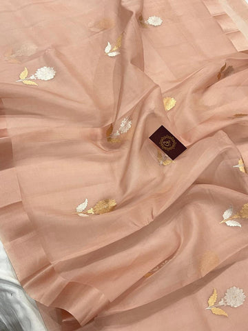 Pre-Draped Dusty Peach Semi Georgette Banarasi Soft Silk saree