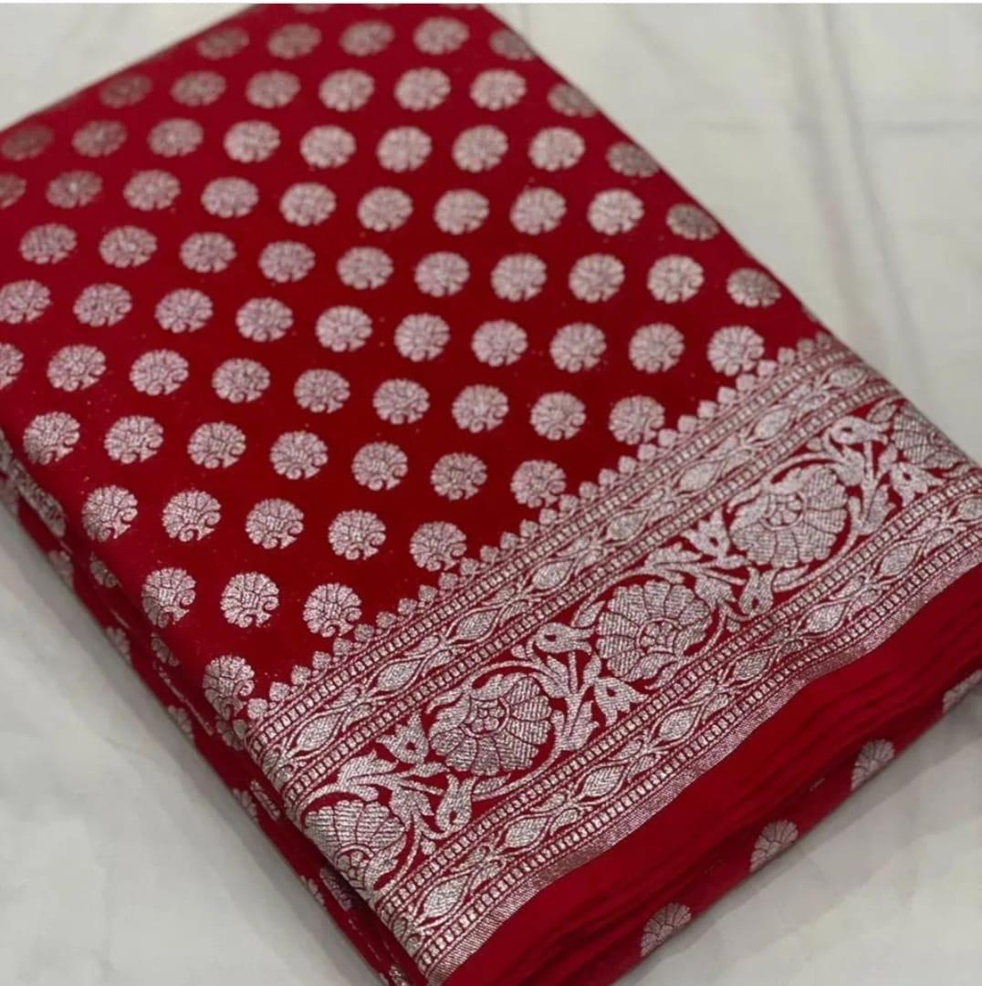 Pre-Draped Red Katan Georgette Banarasi Soft Silk saree