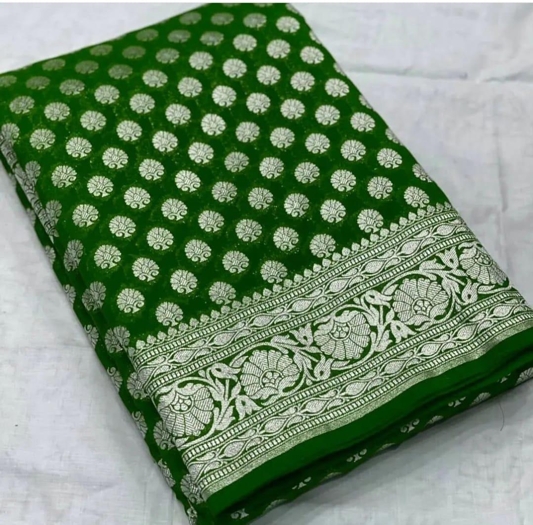 Pre-Draped Green Katan Georgette Banarasi Soft Silk saree