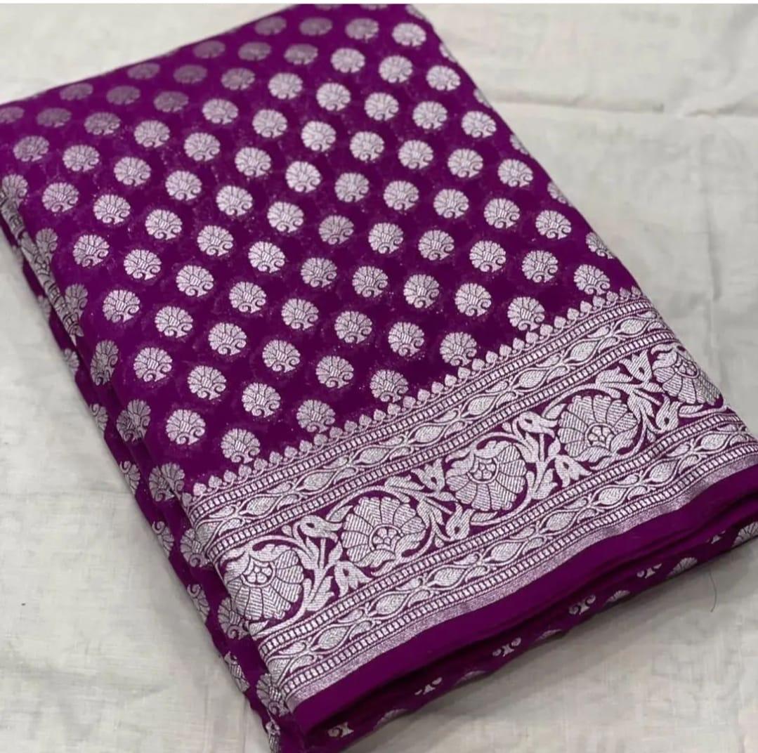 Pre-Draped Purple Katan Georgette Banarasi Soft Silk saree