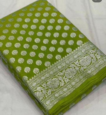 Pre-Draped Olive Green Katan Georgette Banarasi Soft Silk saree