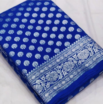 Pre-Draped Blue Katan Georgette Banarasi Soft Silk saree