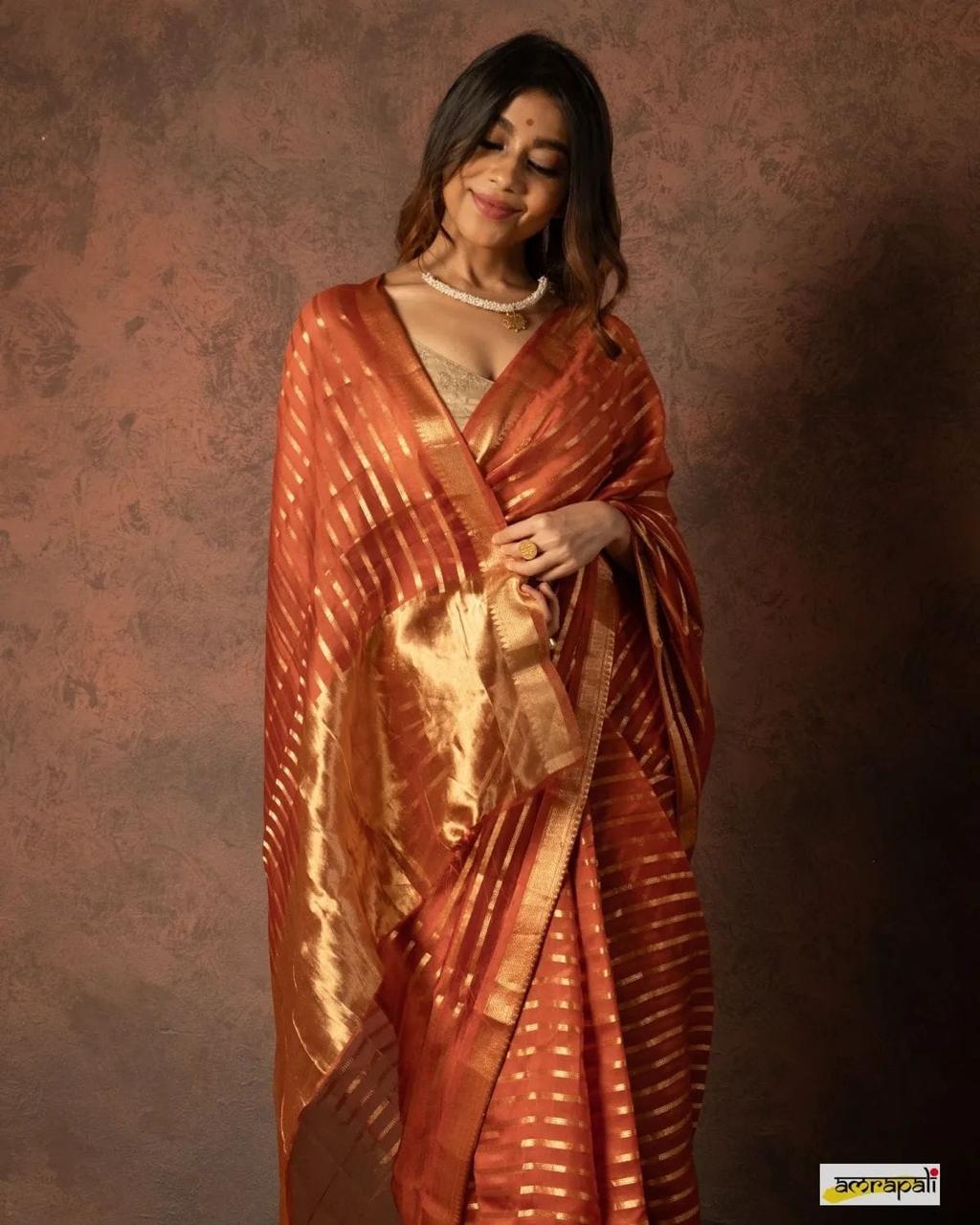 Pre-Draped Rust Orange Kora Organza Banarasi Silk Saree