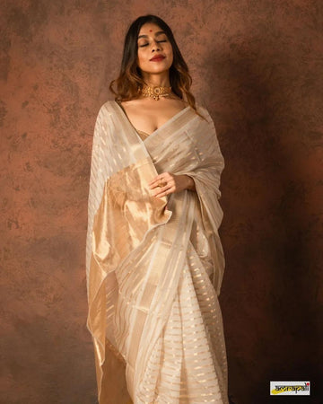 Pre-Draped Off White Kora Organza Banarasi Silk Saree