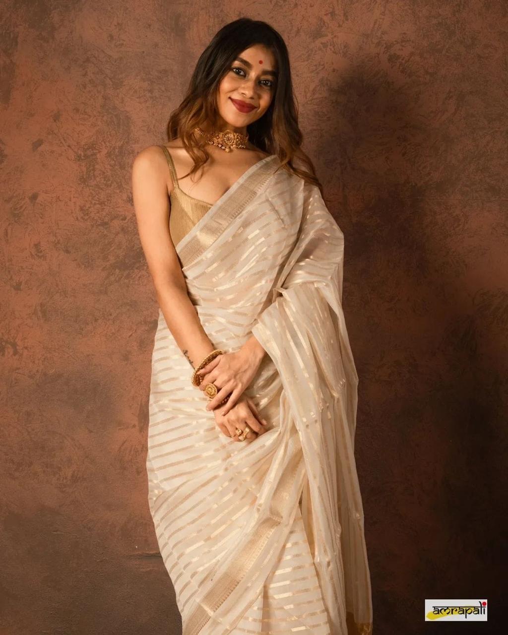 Pre-Draped Off White Kora Organza Banarasi Silk Saree