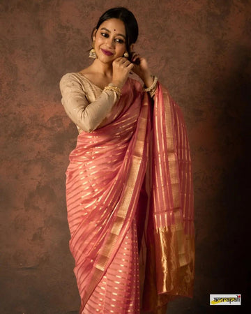 Pre-Draped Peach Kora Organza Banarasi Silk Saree