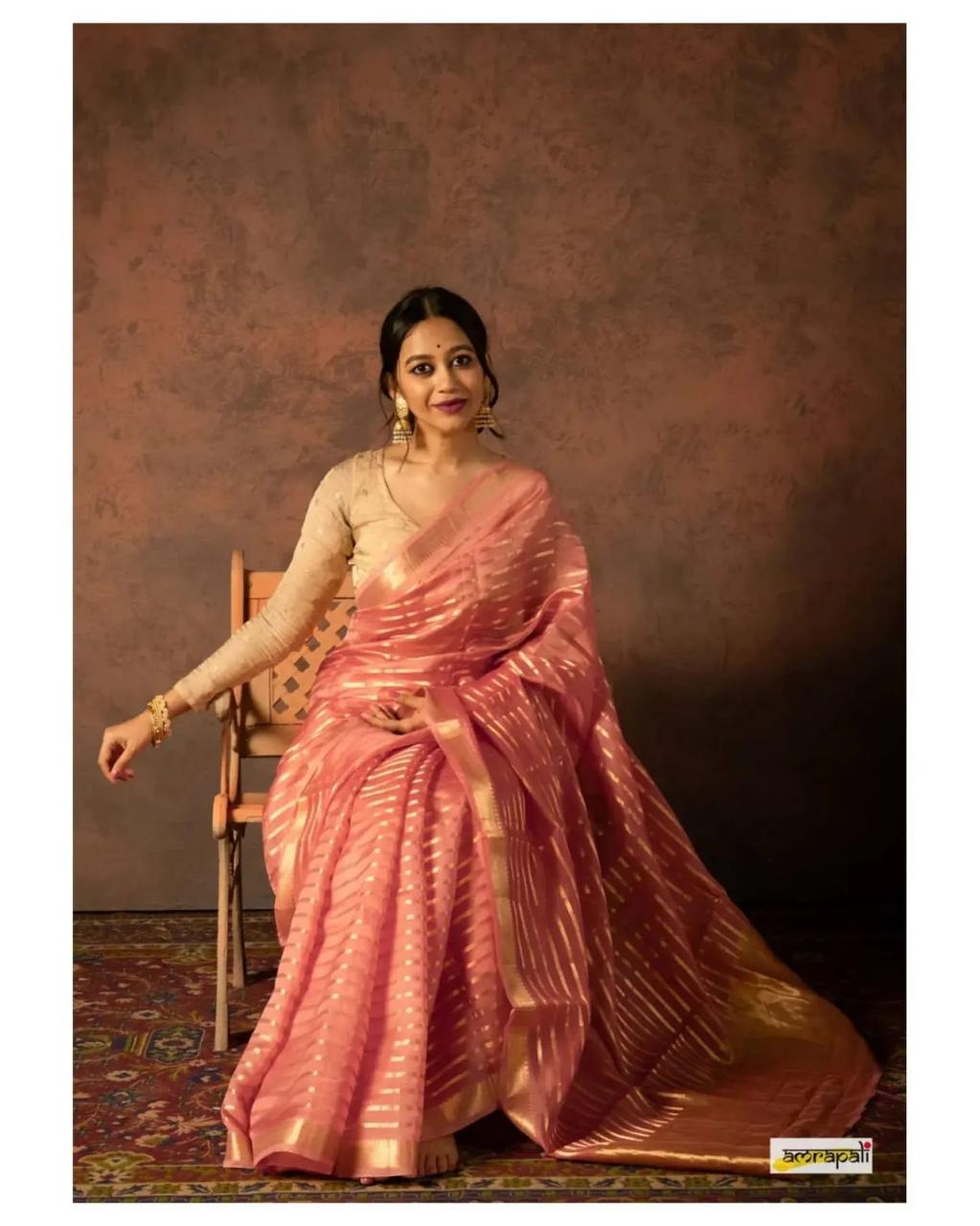 Pre-Draped Peach Kora Organza Banarasi Silk Saree