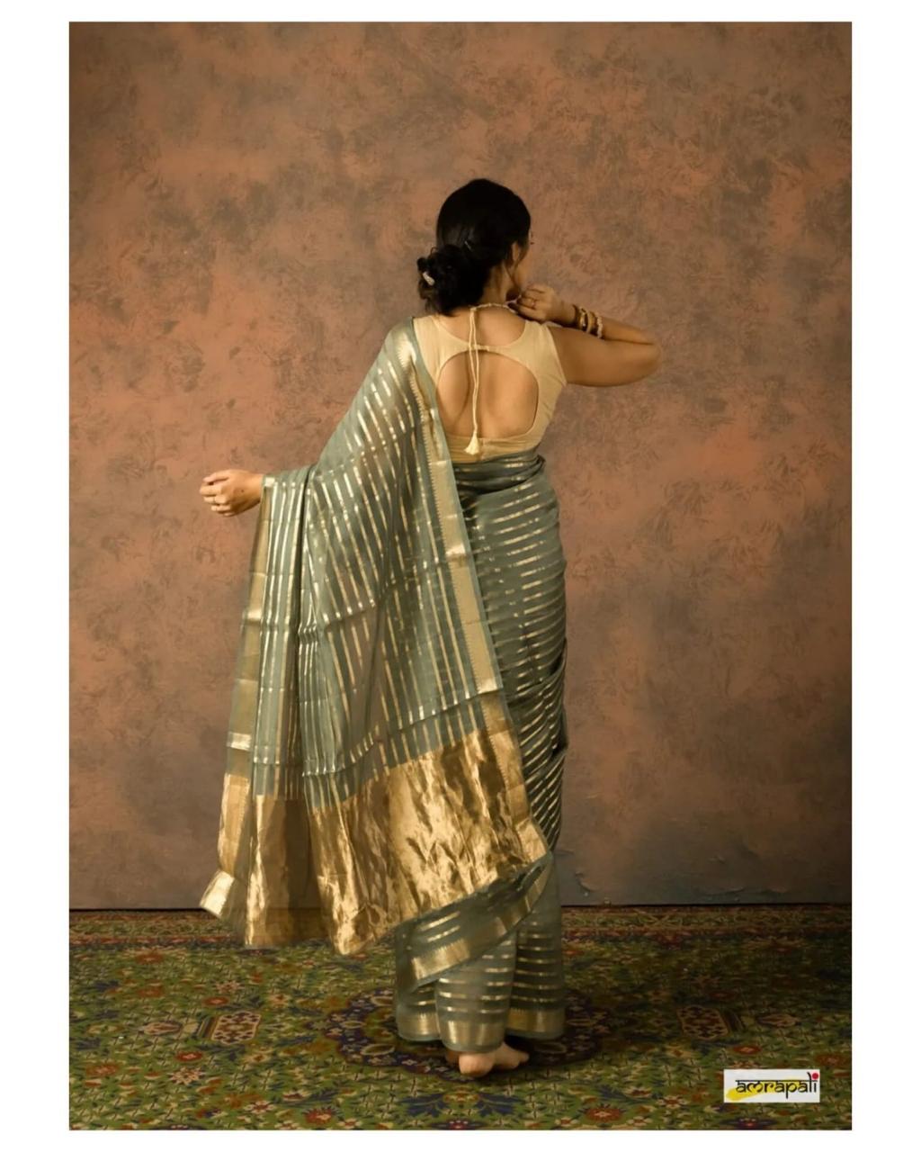 Pre-Draped Sage Green Kora Organza Banarasi Silk Saree