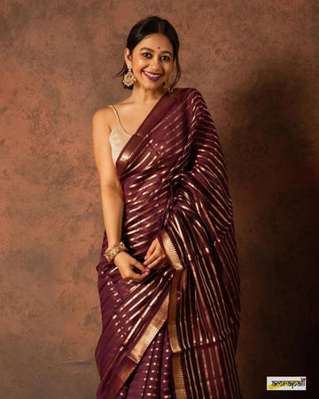 Pre-Draped Maroon Kora Organza Banarasi Silk Saree