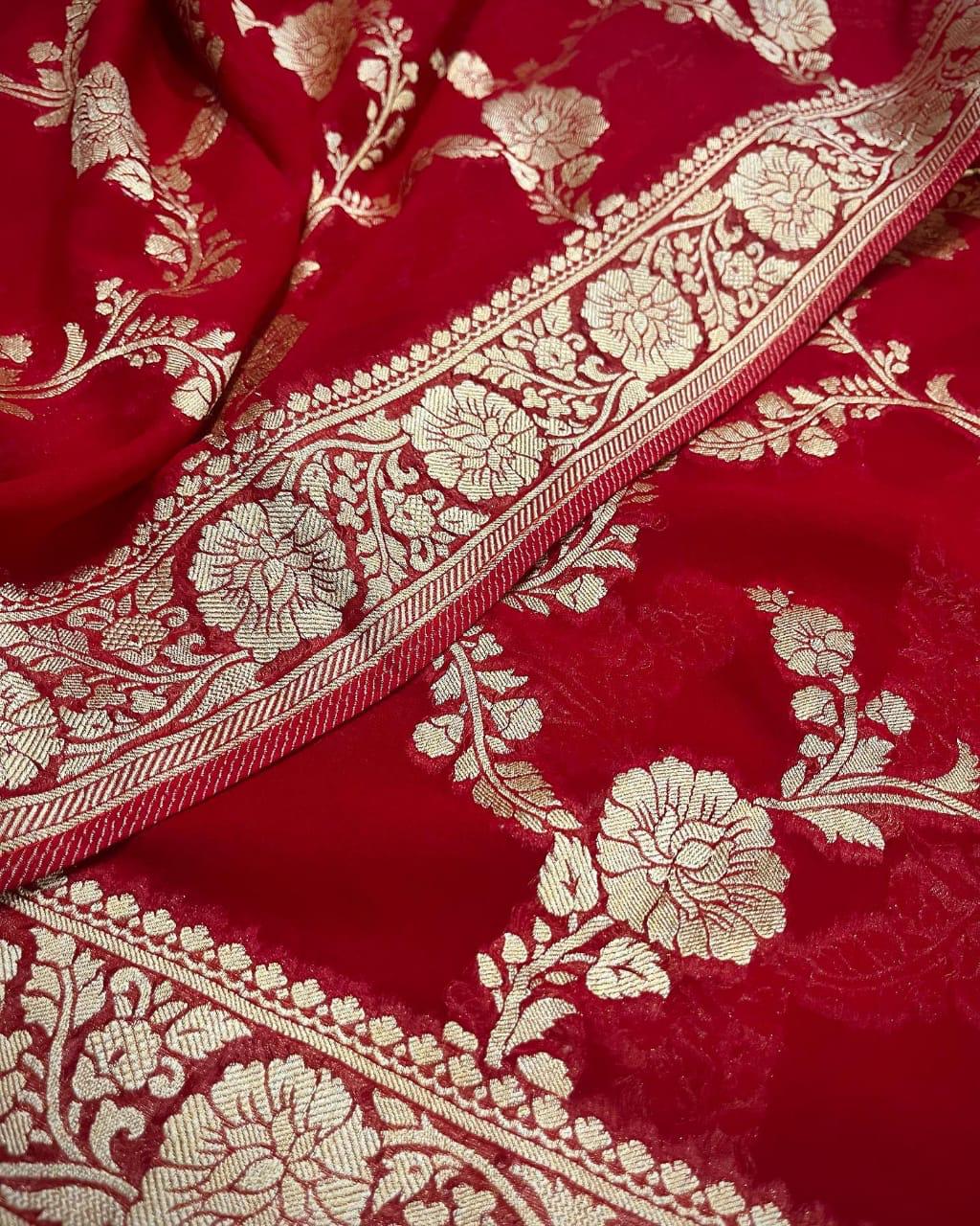 Pre-Draped Red Semi Georgette Banarasi Soft Silk saree