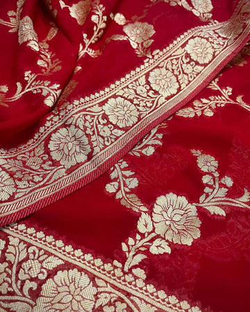 Pre-Draped Red Semi Georgette Banarasi Soft Silk saree