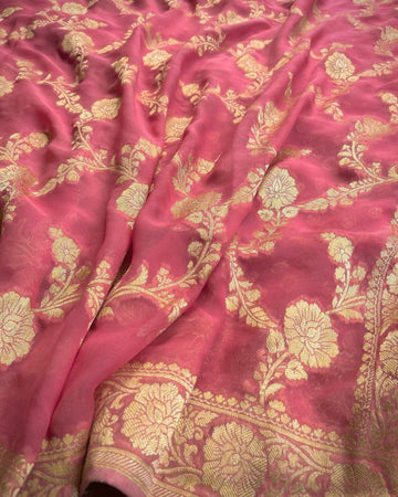 Pre-Draped Pink Semi Georgette Banarasi Soft Silk saree