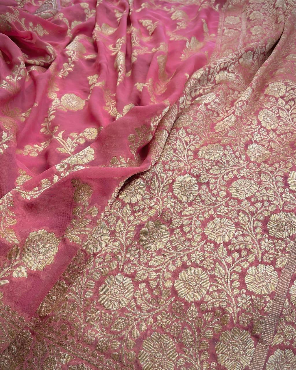 Pre-Draped Pink Semi Georgette Banarasi Soft Silk saree