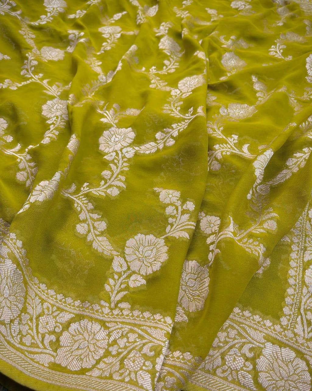 Pre-Draped Olive Green Semi Georgette Banarasi Soft Silk saree