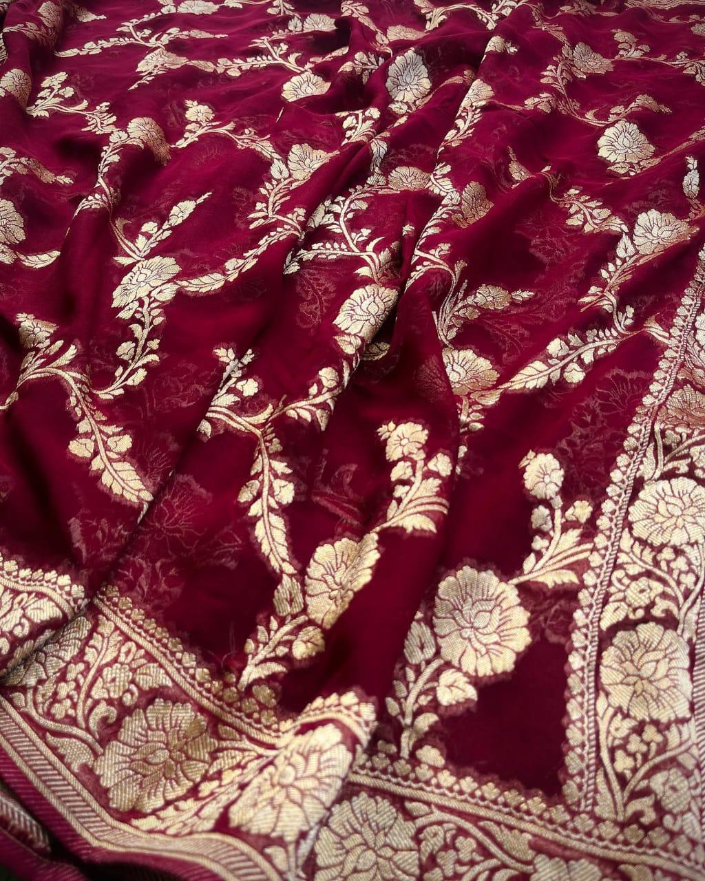 Pre-Draped Maroon Semi Georgette Banarasi Soft Silk saree