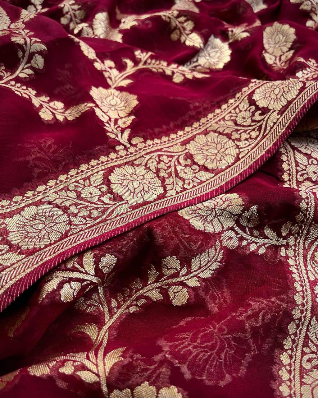 Pre-Draped Maroon Semi Georgette Banarasi Soft Silk saree