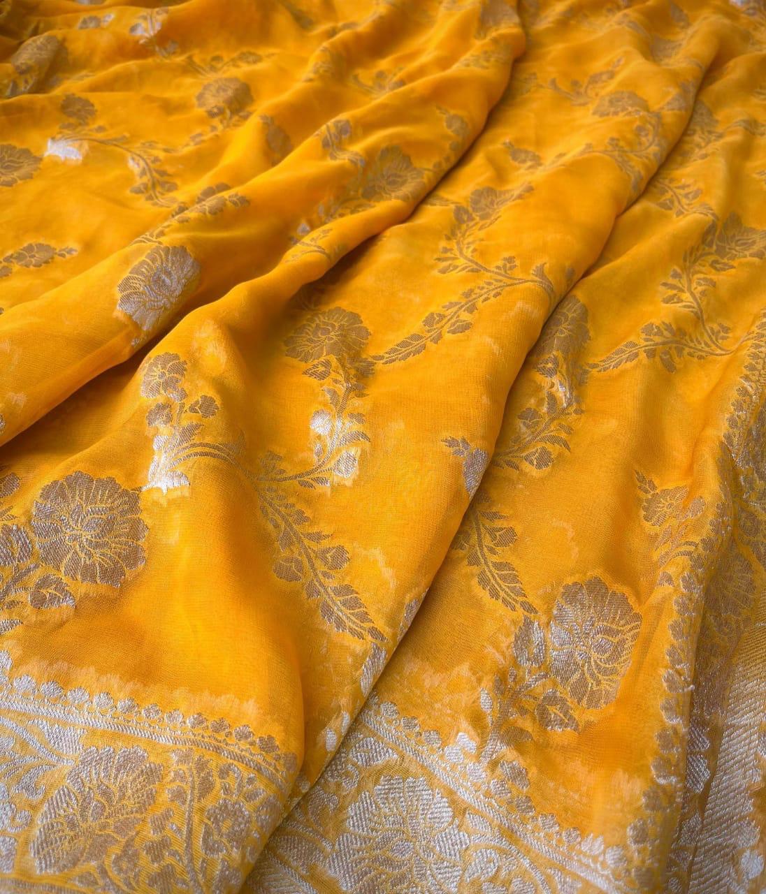 Pre-Draped Yellow Semi Georgette Banarasi Soft Silk saree