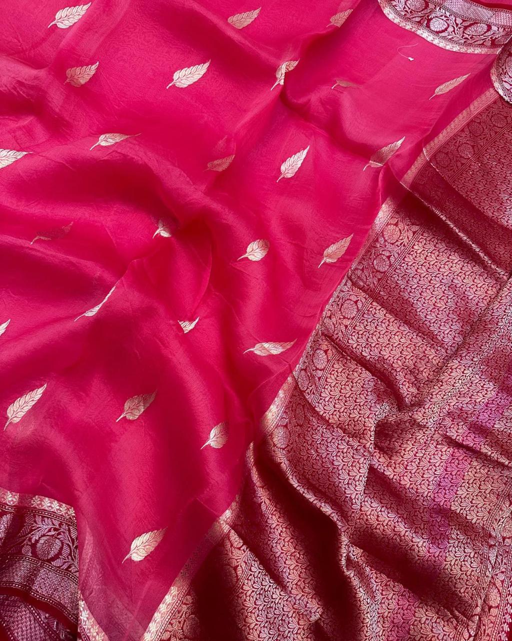 Pre-Draped Magenta Pink Kora Organza Banarasi Silk Saree