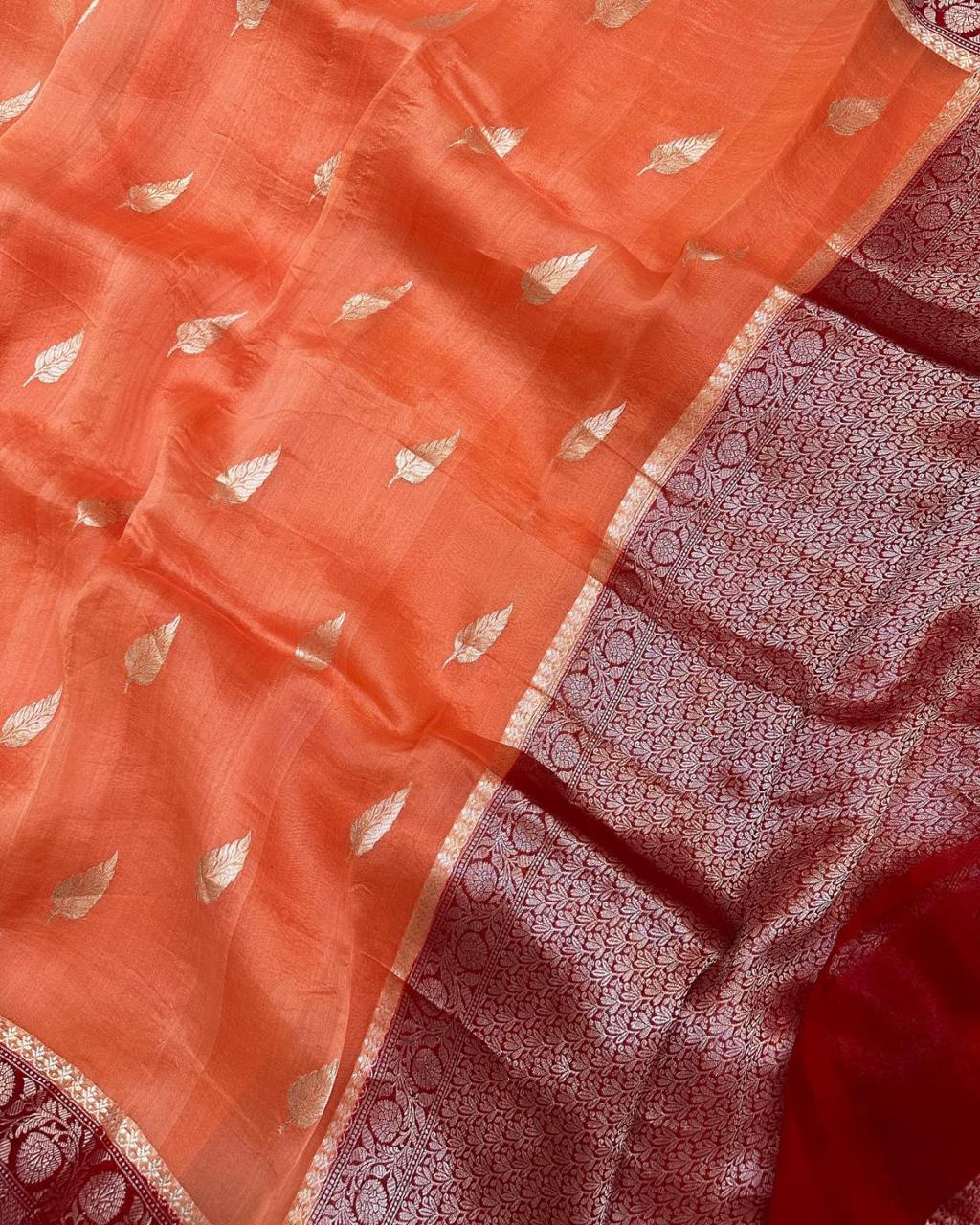 Pre-Draped Orange Kora Organza Banarasi Silk Saree