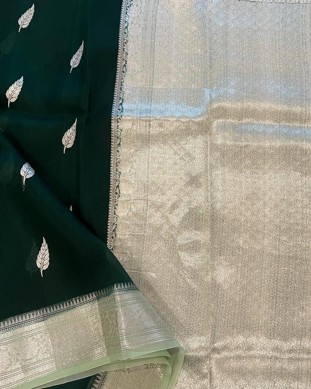 Pre-Draped Dark Green Kora Organza Banarasi Silk Saree