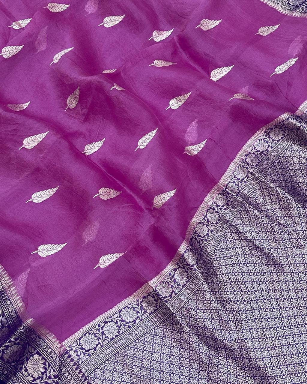 Pre-Draped Purple Kora Organza Banarasi Silk Saree