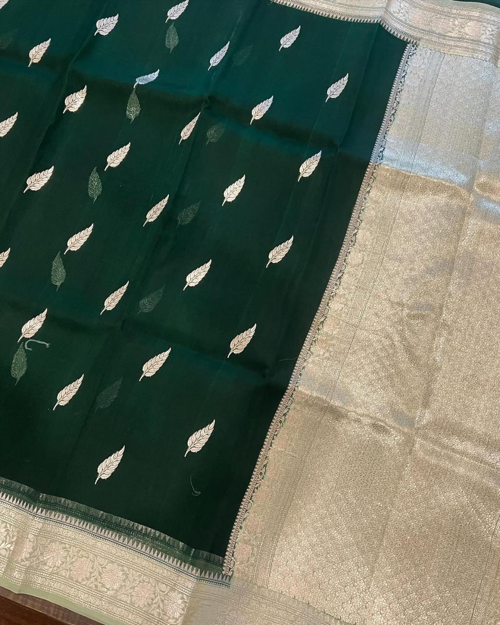 Pre-Draped Dark Green Kora Organza Banarasi Silk Saree