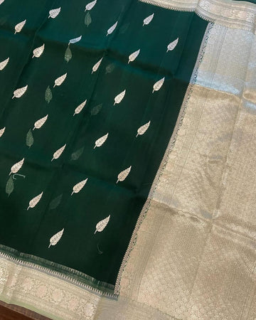 Pre-Draped Dark Green Kora Organza Banarasi Silk Saree