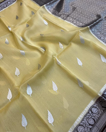 Pre-Draped Lime Yellow Kora Organza Banarasi Silk Saree