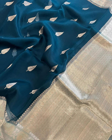 Pre-Draped Navy Blue Kora Organza Banarasi Silk Saree