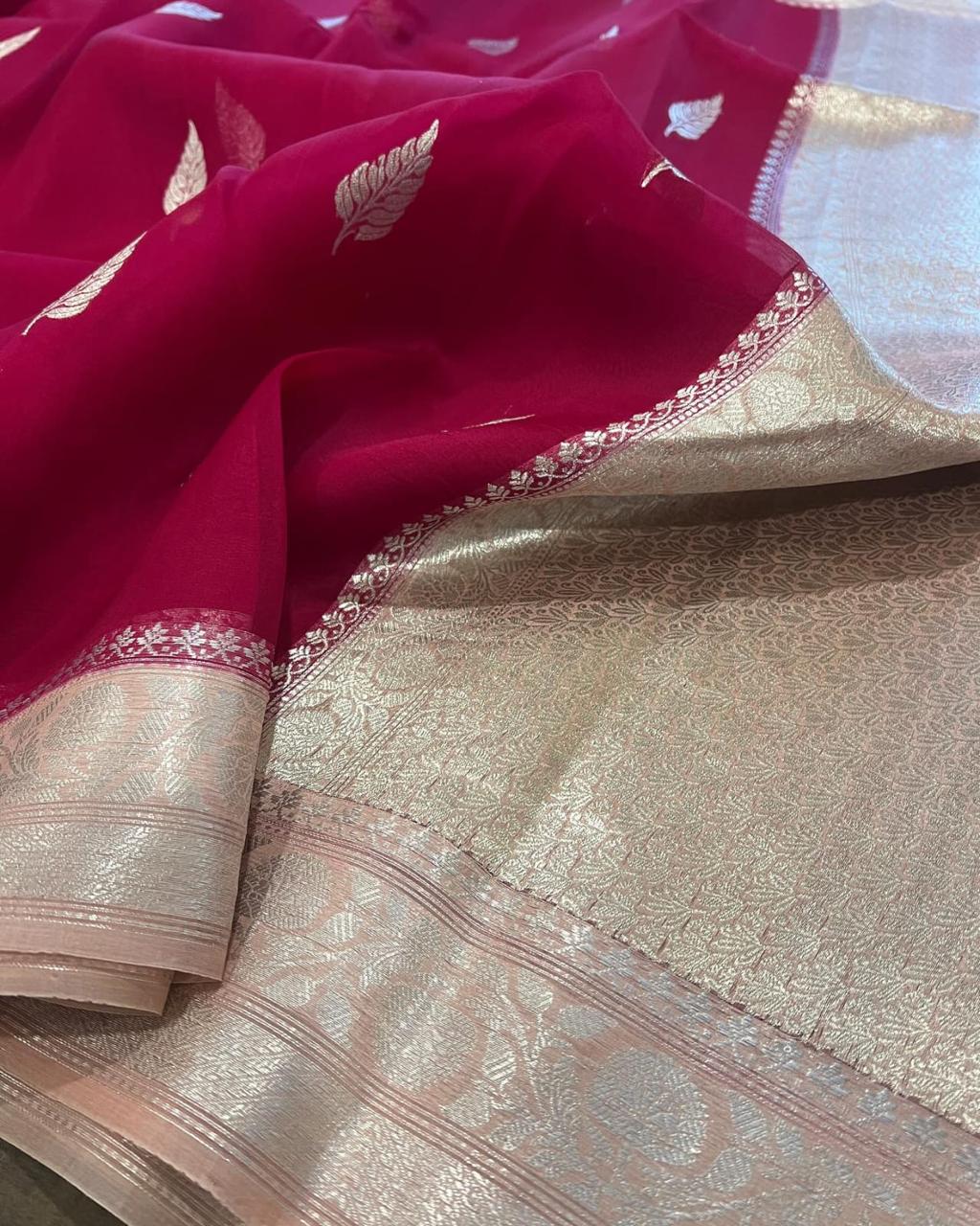 Pre-Draped Magenta Pink Kora Organza Banarasi Silk Saree