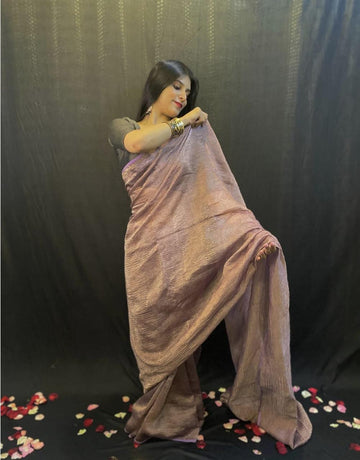 Pre-Draped Dusty Pink Crush Tissue Banarasi Silk Saree