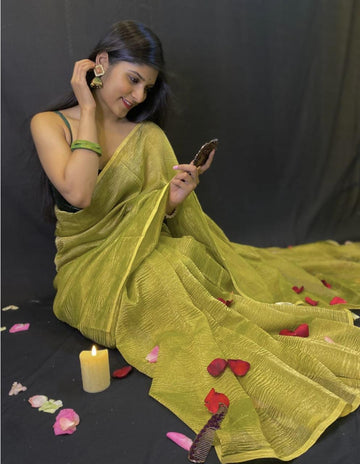 Pre-Draped Lime Green Crush Tissue Banarasi Silk Saree