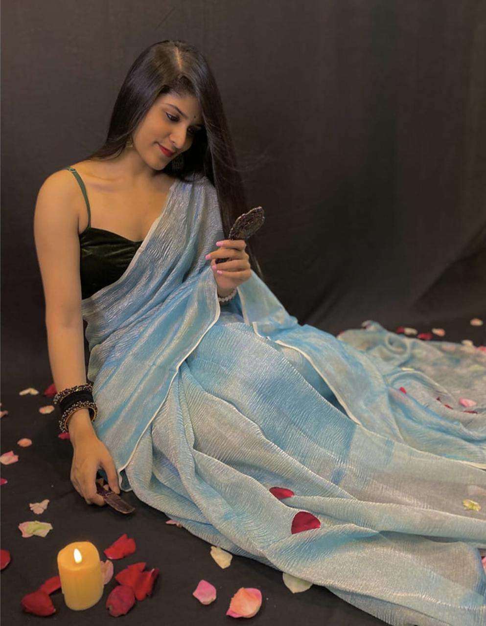 Pre-Draped Sky Blue Crush Tissue Banarasi Silk Saree