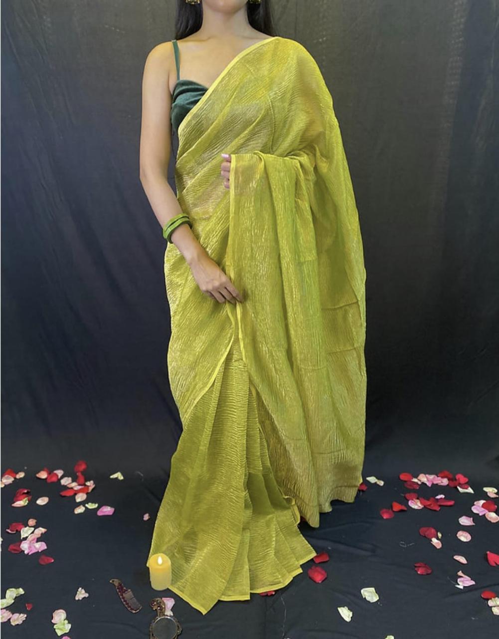 Pre-Draped Lime Green Crush Tissue Banarasi Silk Saree