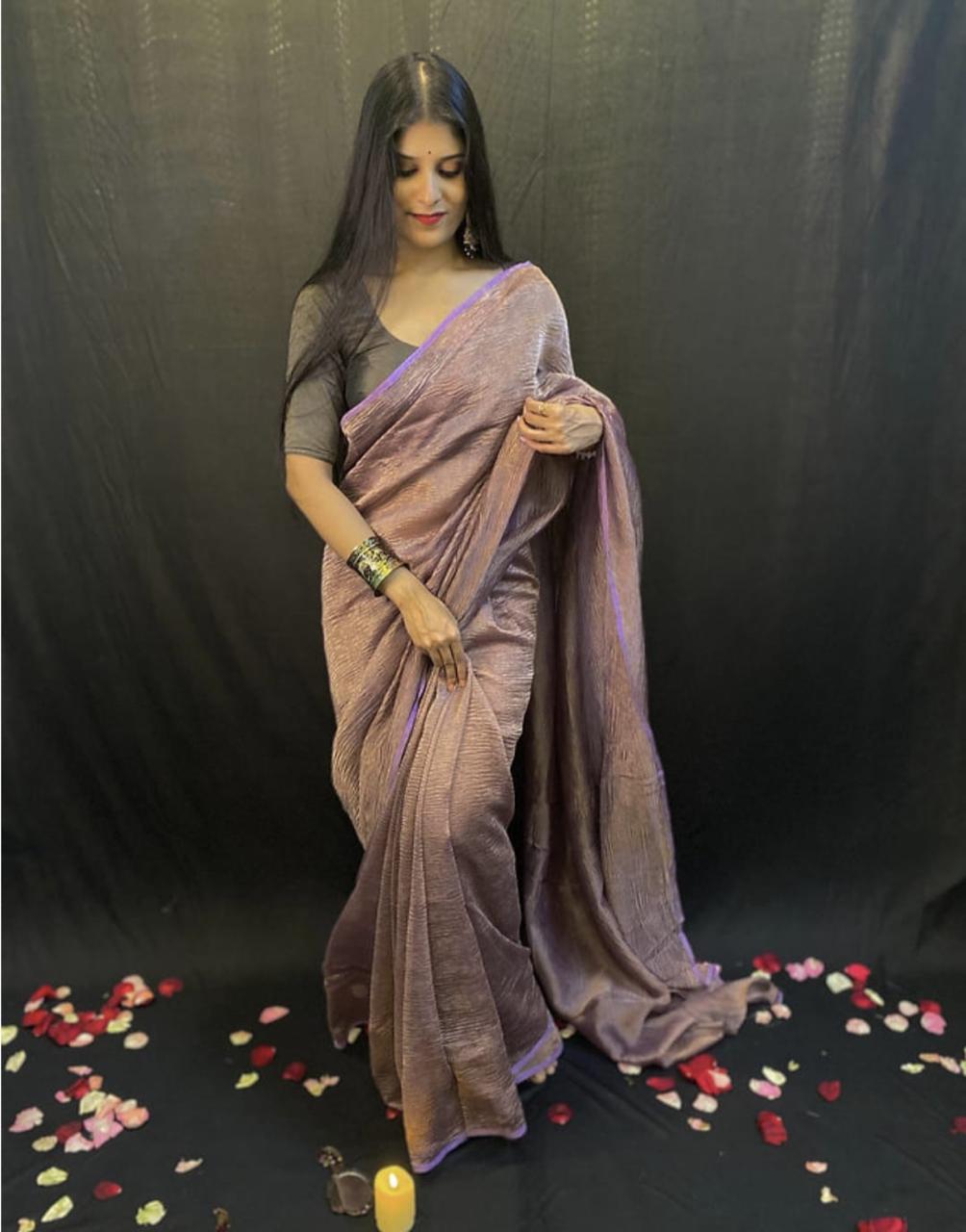 Pre-Draped Dusty Pink Crush Tissue Banarasi Silk Saree