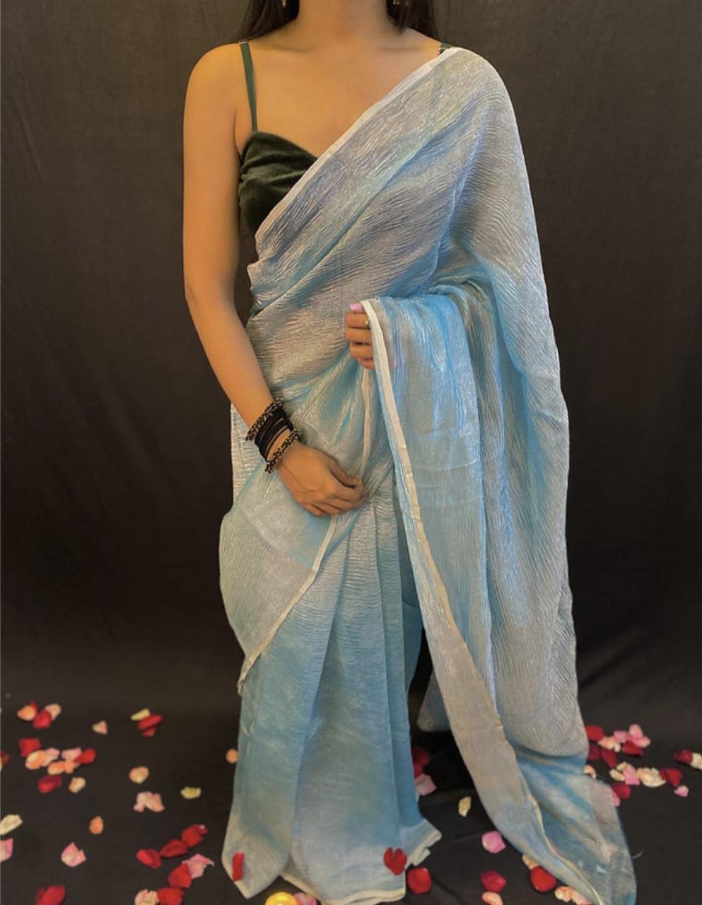 Pre-Draped Sky Blue Crush Tissue Banarasi Silk Saree