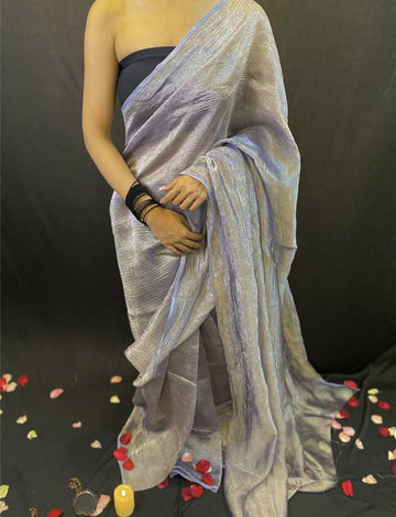 Pre-Draped Bluish Gray Crush Tissue Banarasi Silk Saree