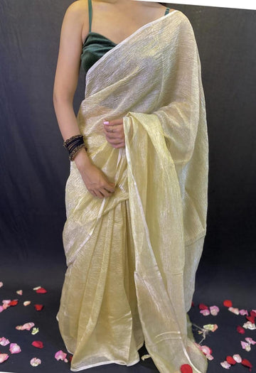 Pre-Draped Light Yellow Crush Tissue Banarasi Silk Saree