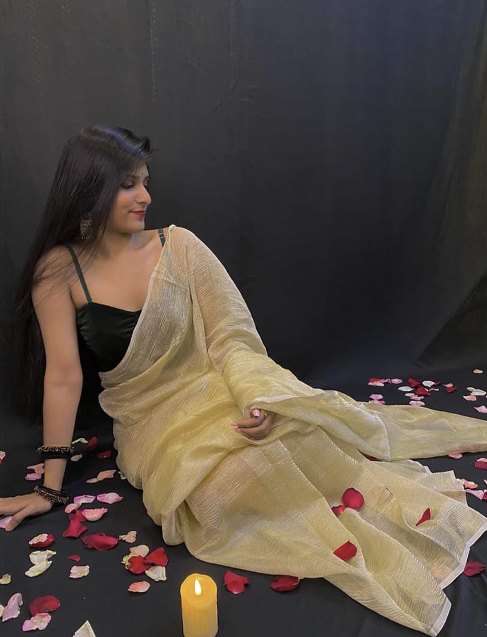 Pre-Draped Light Yellow Crush Tissue Banarasi Silk Saree