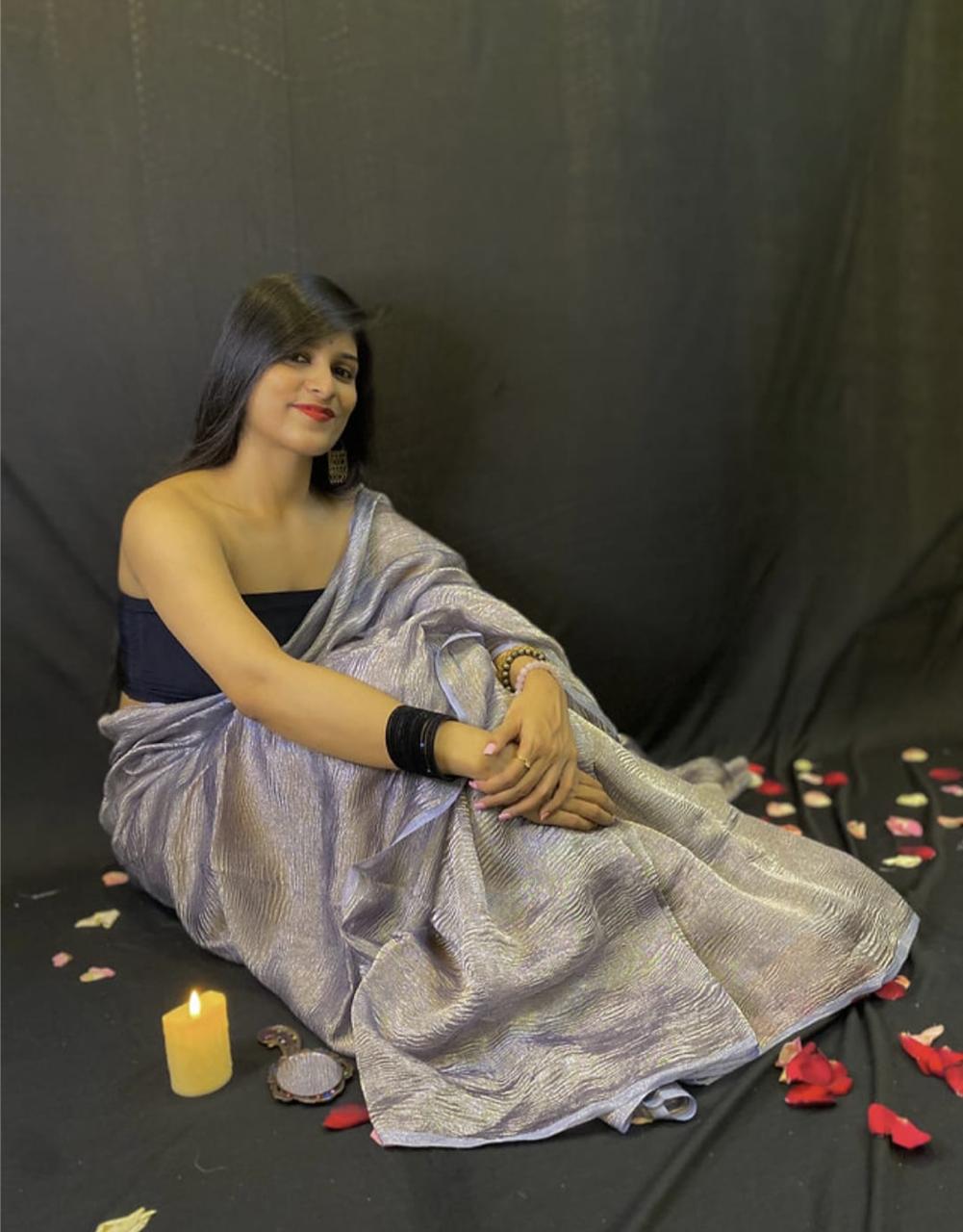 Pre-Draped Bluish Gray Crush Tissue Banarasi Silk Saree