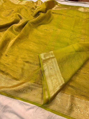 Pre-Draped Olive Green Crush Tissue Banarasi Silk Saree