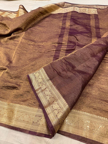 Pre-Draped Dark Brown Crush Tissue Banarasi Silk Saree